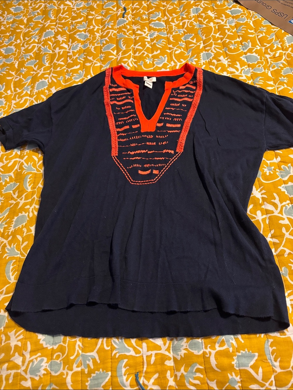 J Crew Boho Navy Orange Sweater Top Short Sleeve Lightweight 70s